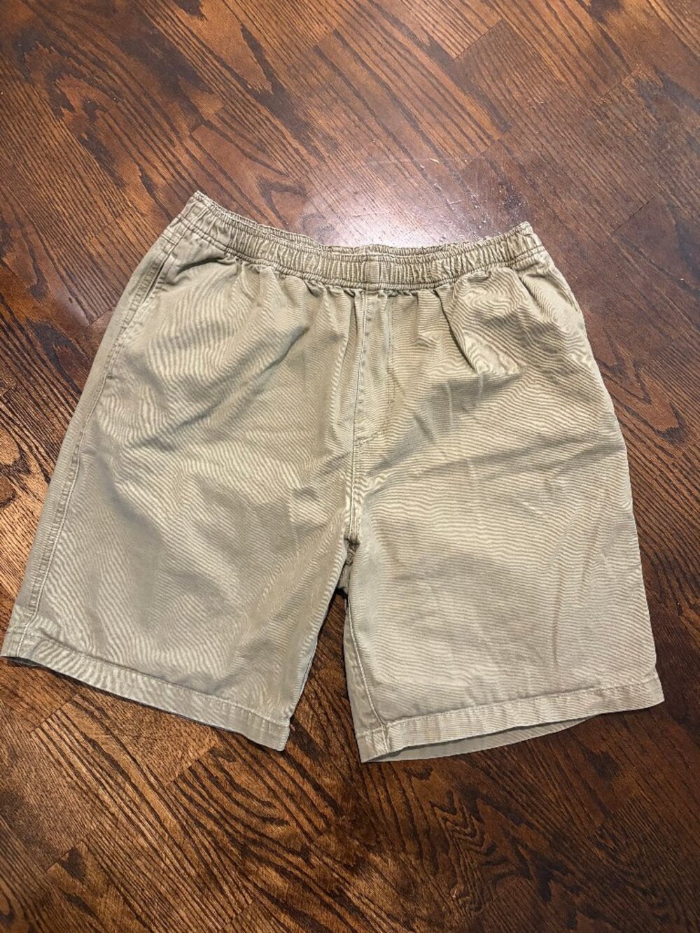Stussy Men's L Army Olive Green Cotton Drawstring Shorts Elastic Waist 8” Inseam
